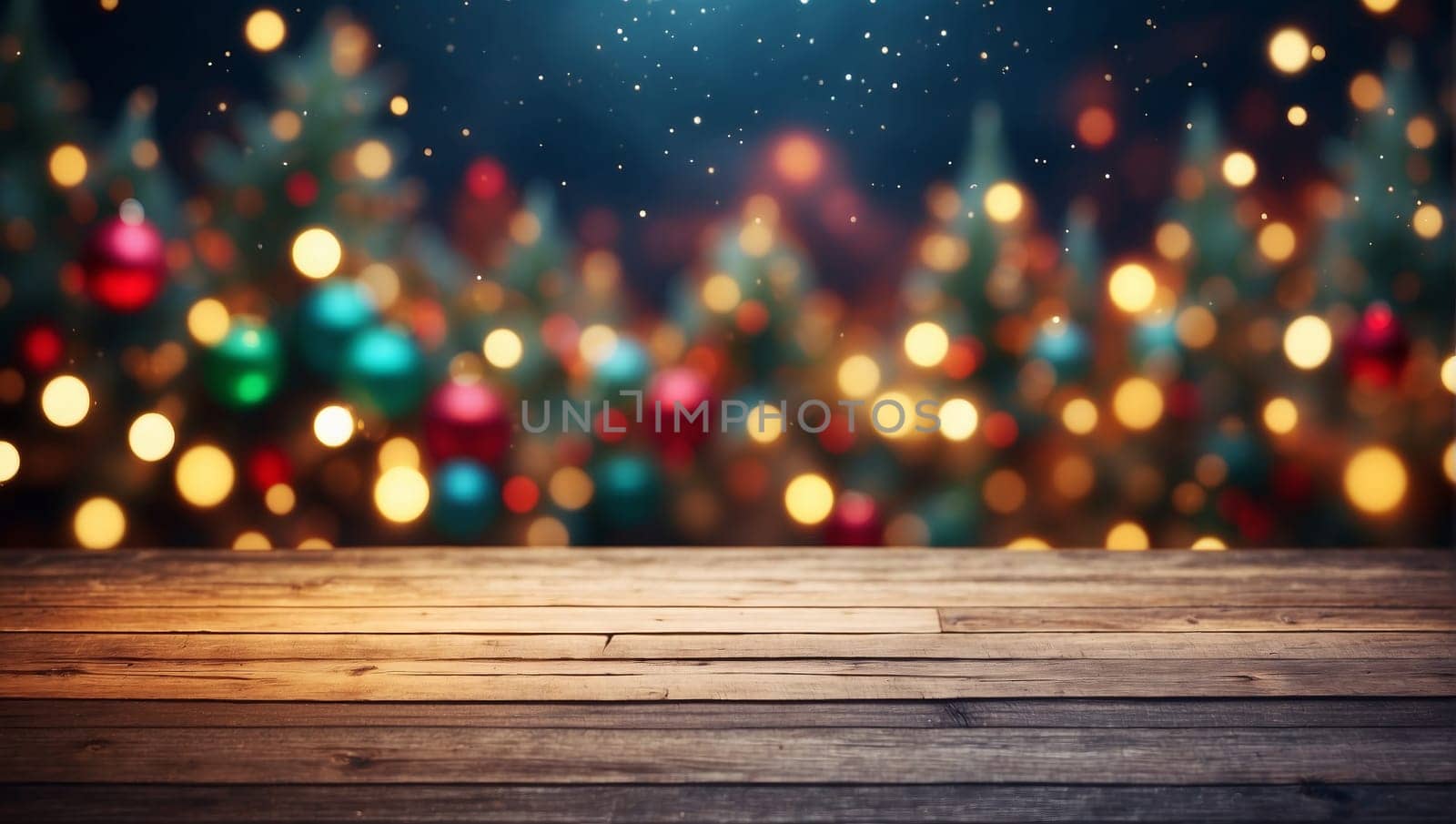Empty table in front of christmas tree with decorations background. For product display montage. High quality photo