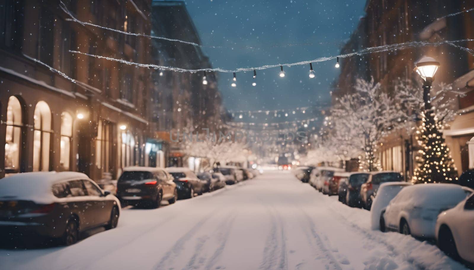 City view, lights, falling snow, night, street, bokeh spots of headlights of moving cars. by bizzyb0y