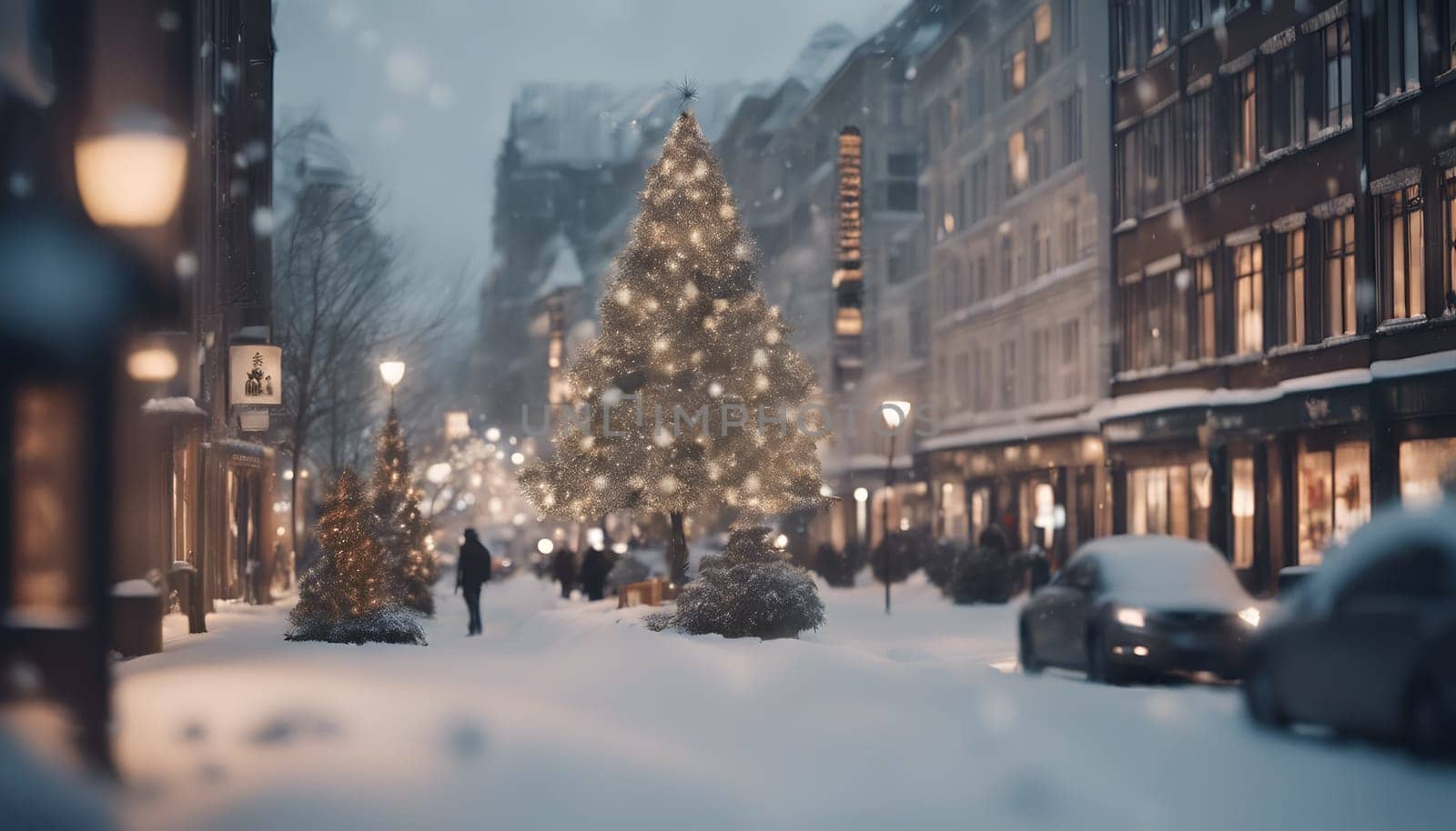 City view, lights, falling snow, night, street, bokeh spots of headlights of moving cars. by bizzyb0y