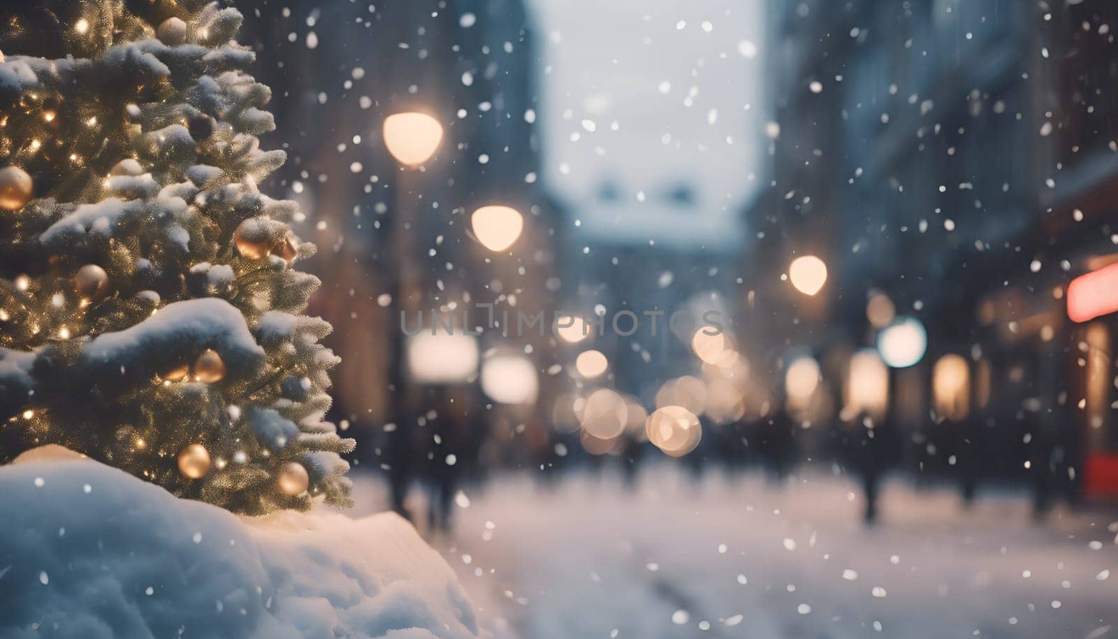 Blurred background. City view, lights, falling snow, night, street, bokeh spots of headlights of moving cars. Diffuse Urban backdrop winter scenery of street in city at night. Lantern light, snowfall. High quality photo