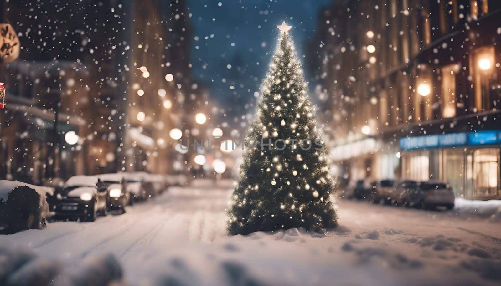 Blurred background. City view, lights, falling snow, night, street, bokeh spots of headlights of moving cars. Diffuse Urban backdrop winter scenery of street in city at night. Lantern light, snowfall. High quality photo