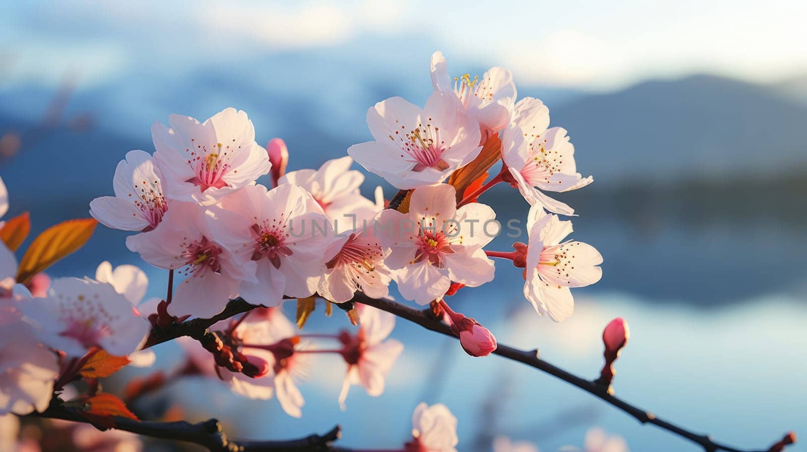 Close-up of sakura flowers on a tree branch during morning sunrise, AI generated.