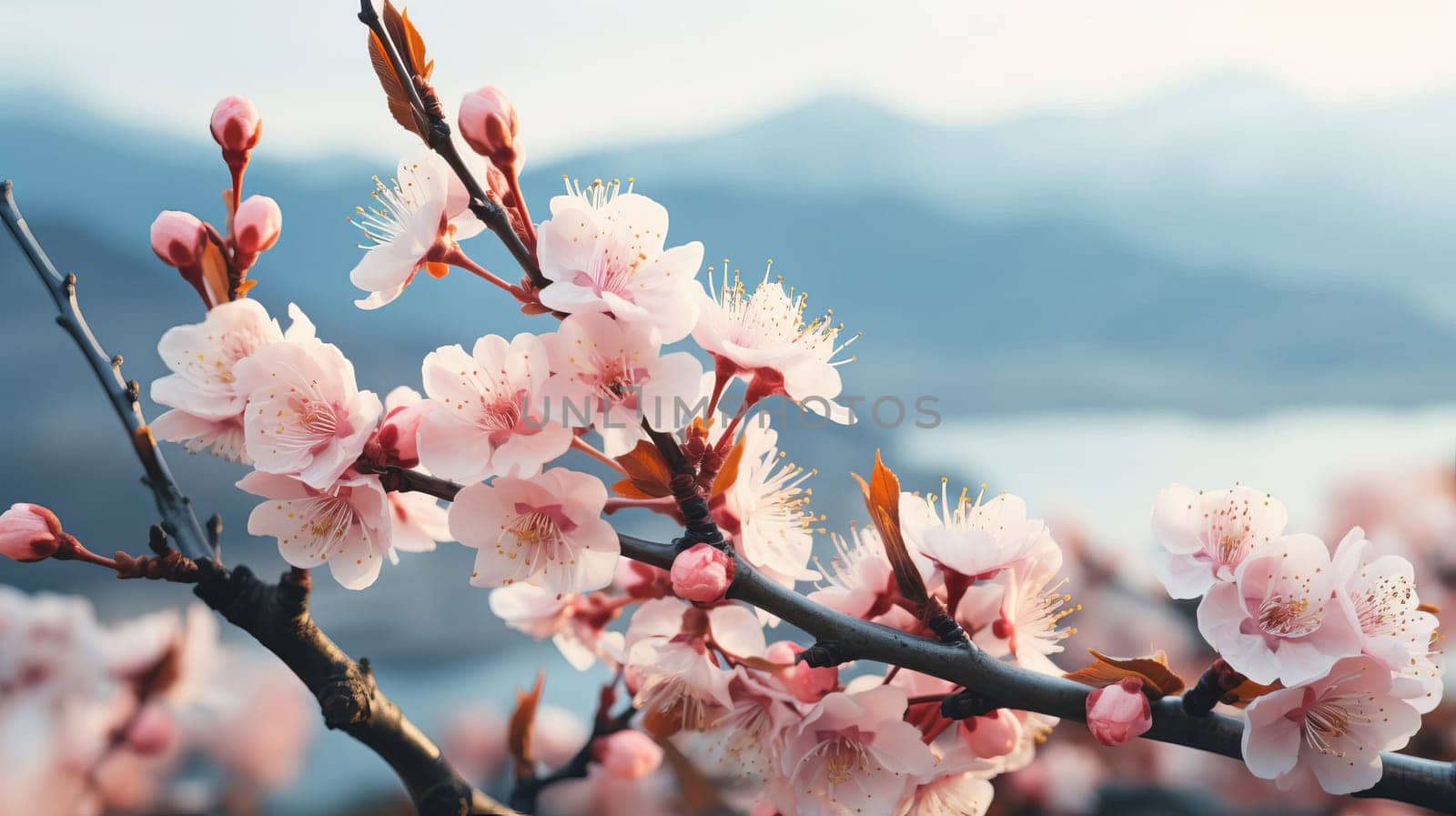Close-up of sakura flowers on a tree branch during morning sunrise, AI generated.