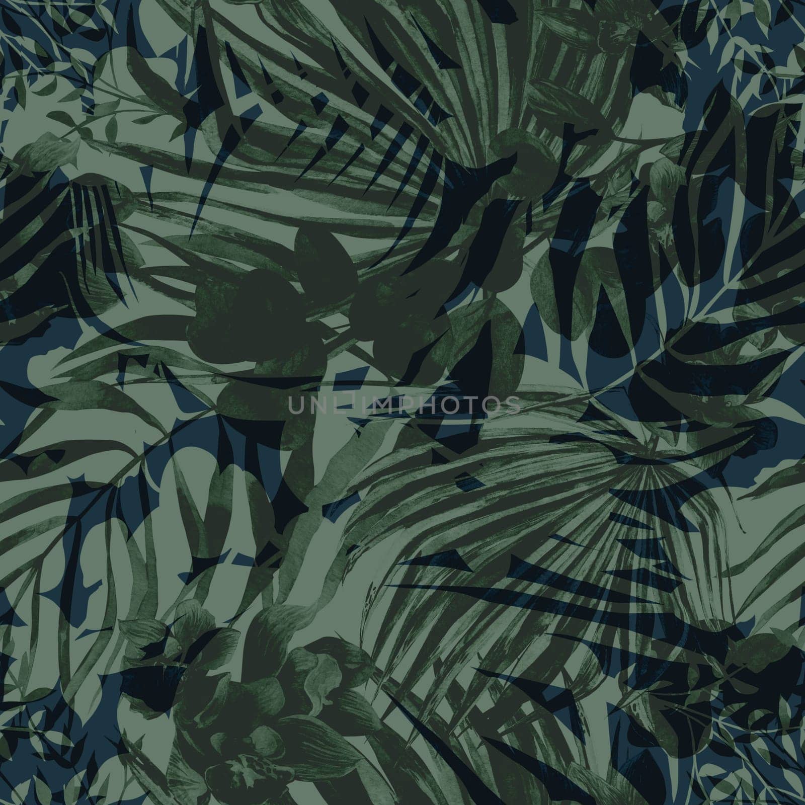 Seamless monochrome pattern with tropical silhouettes of tropical plants in night tropics style by MarinaVoyush