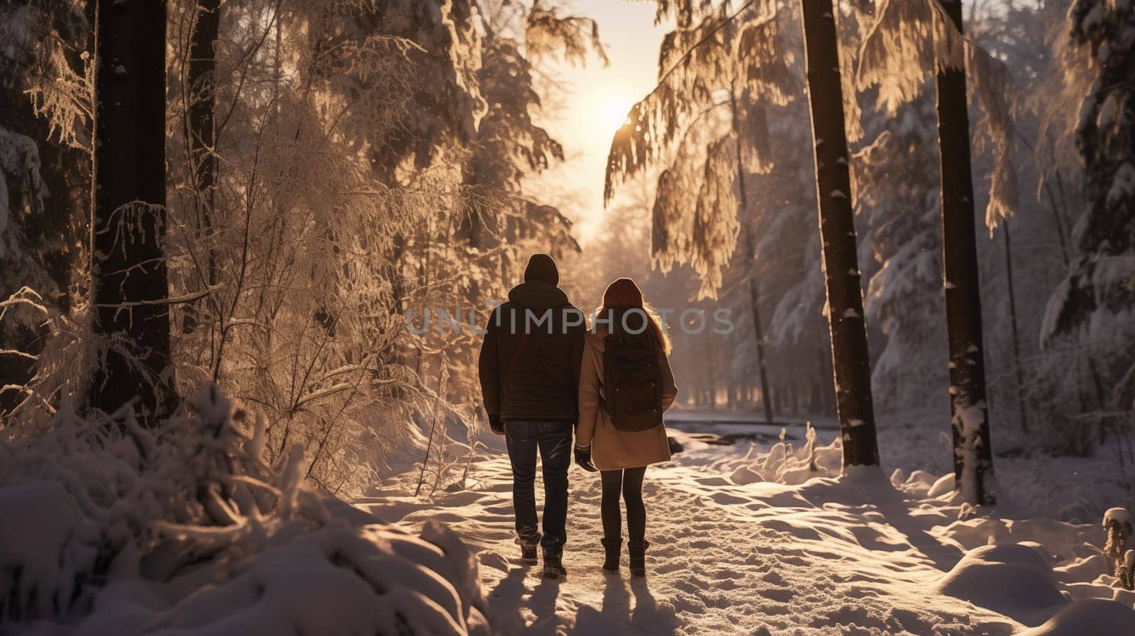 Back view of young couple walking in beautiful winter landscape.