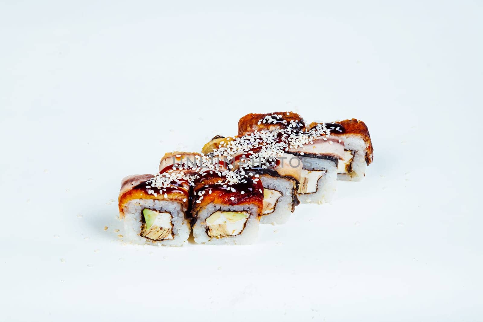Japanese food Sushi rolls with fish on a white background by Simakov