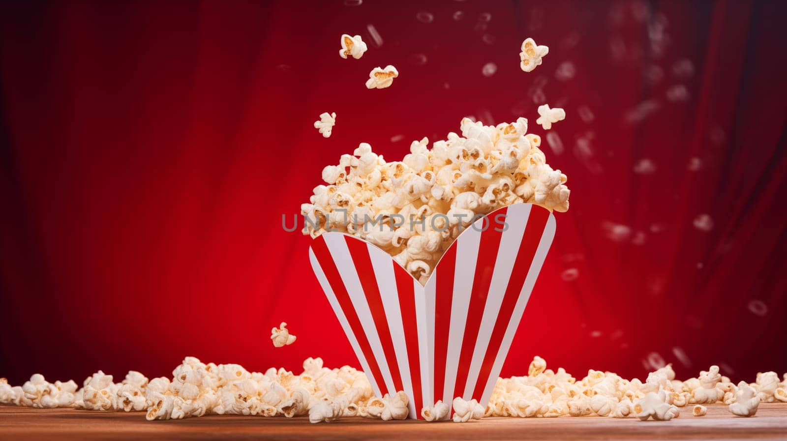 Tasty Salted Popcorn In Striped Cardboard Heart Shape Box On Red Background, Valentines Day. Flying, Floating Popular Snack. Horizontal Plane, Copy Space, Ai Generated