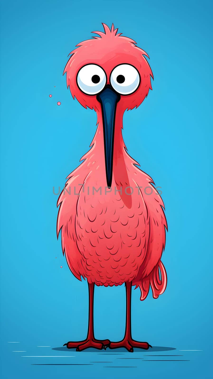 A lively funny cartoon flamingo bird sketched in vibrant colors on blue background