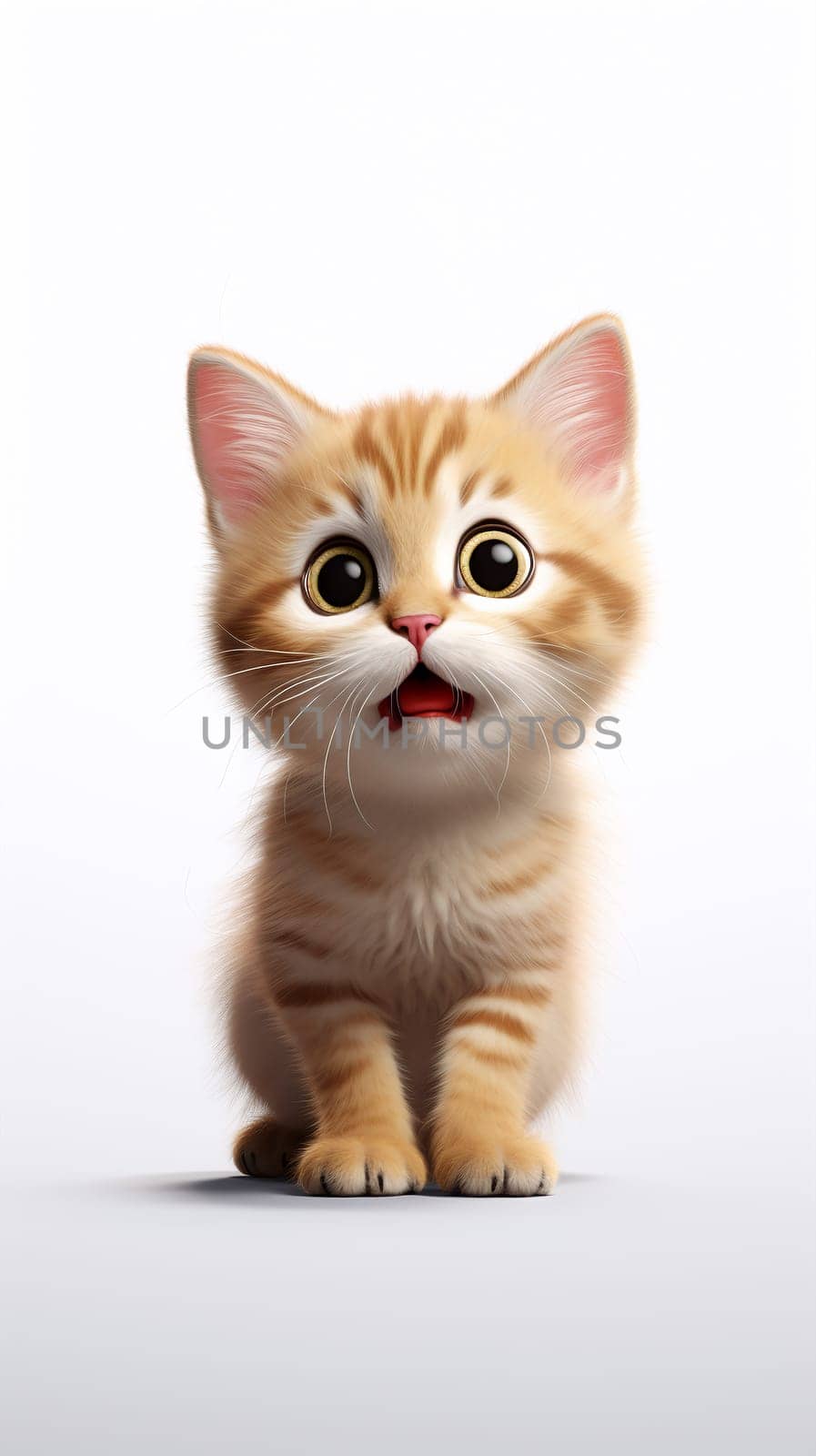 An orange kitten with open mouth and big eyes looks at the camera against white background by chrisroll