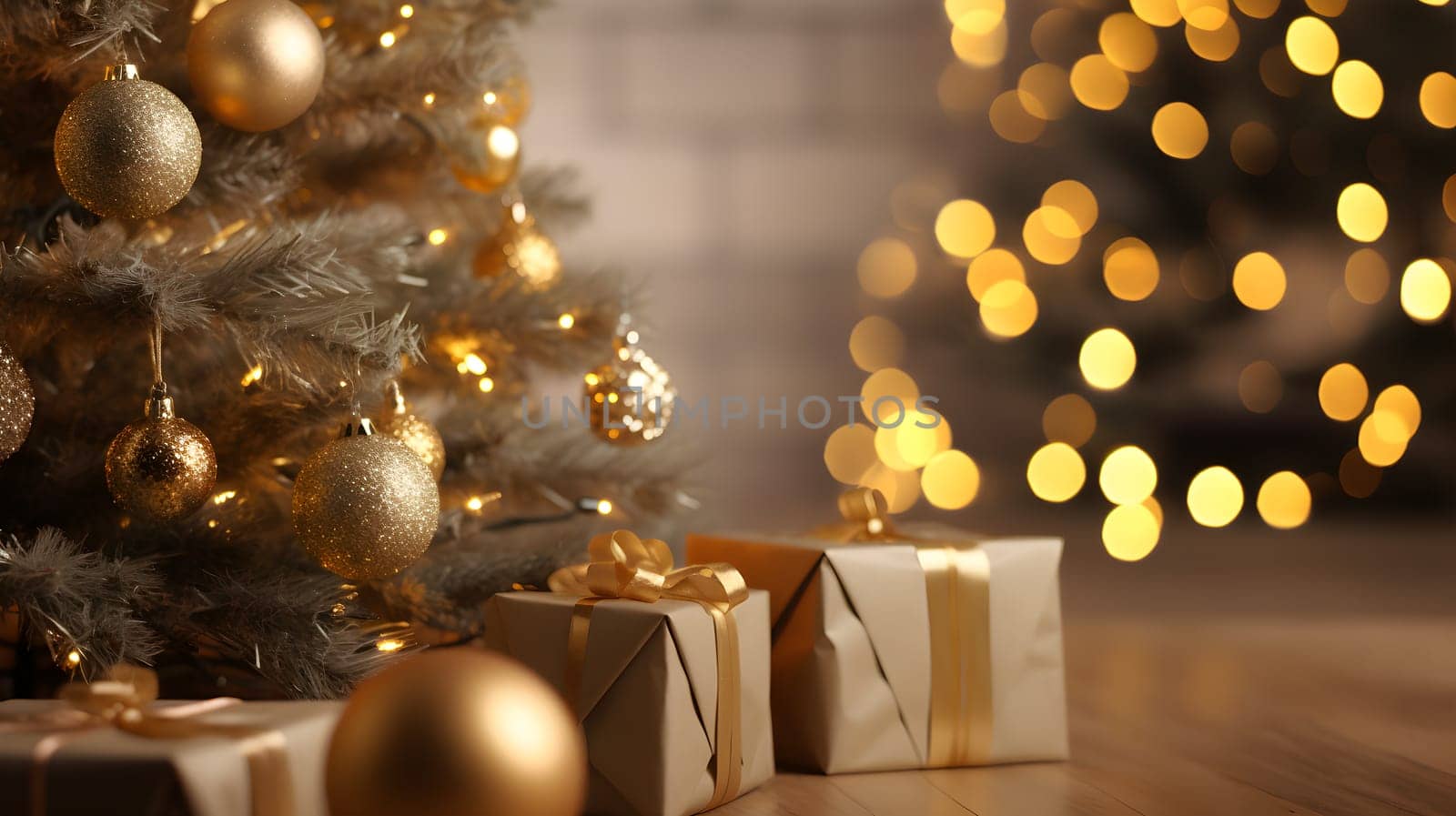 A sparkling tree stands tall, adorned with twinkling lights and shimmering ornaments, creating a warm and festive atmosphere indoors as presents await to be unwrapped on christmas morning - generative AI