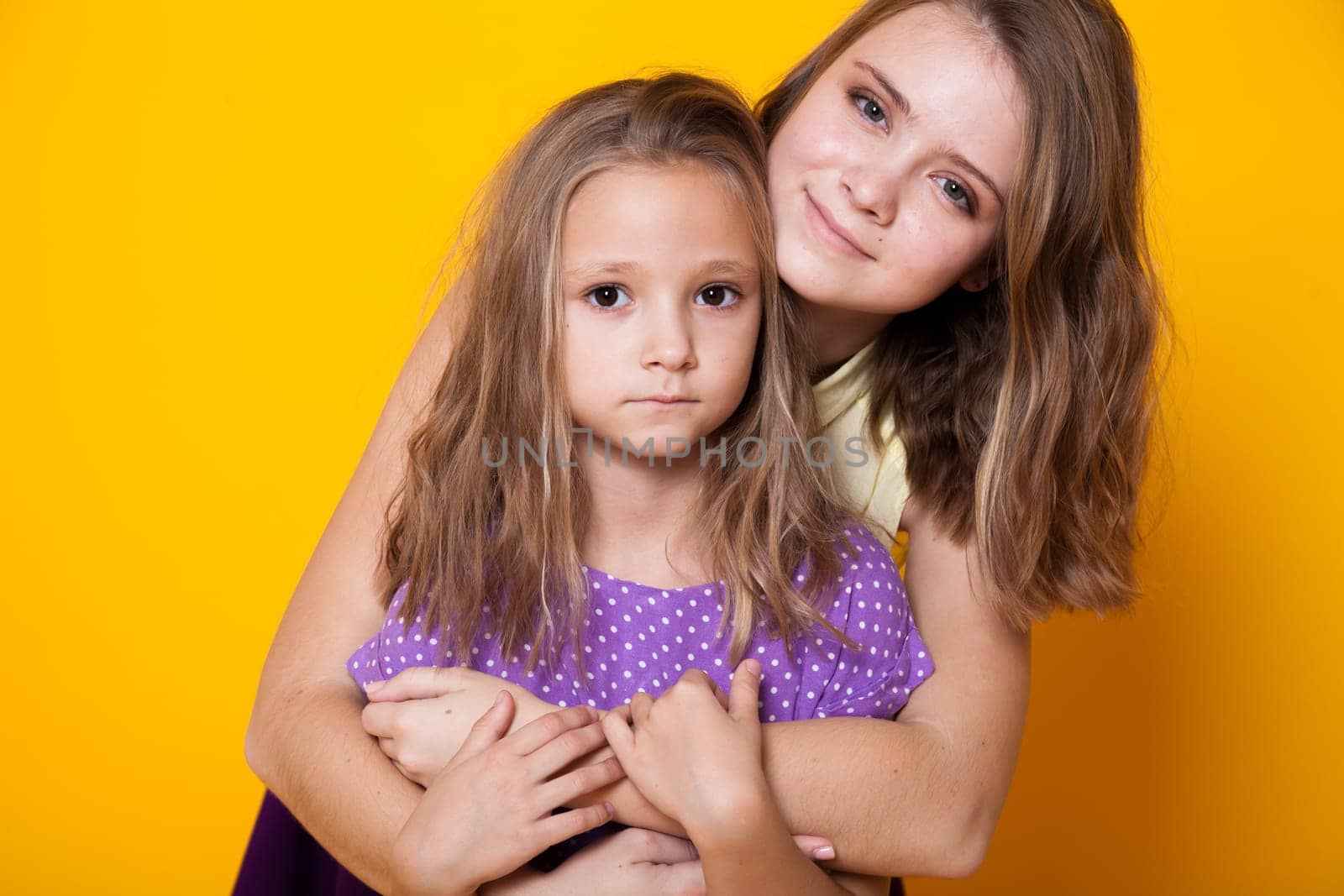 Portrait of two fashionable beautiful girls in dresses by Simakov