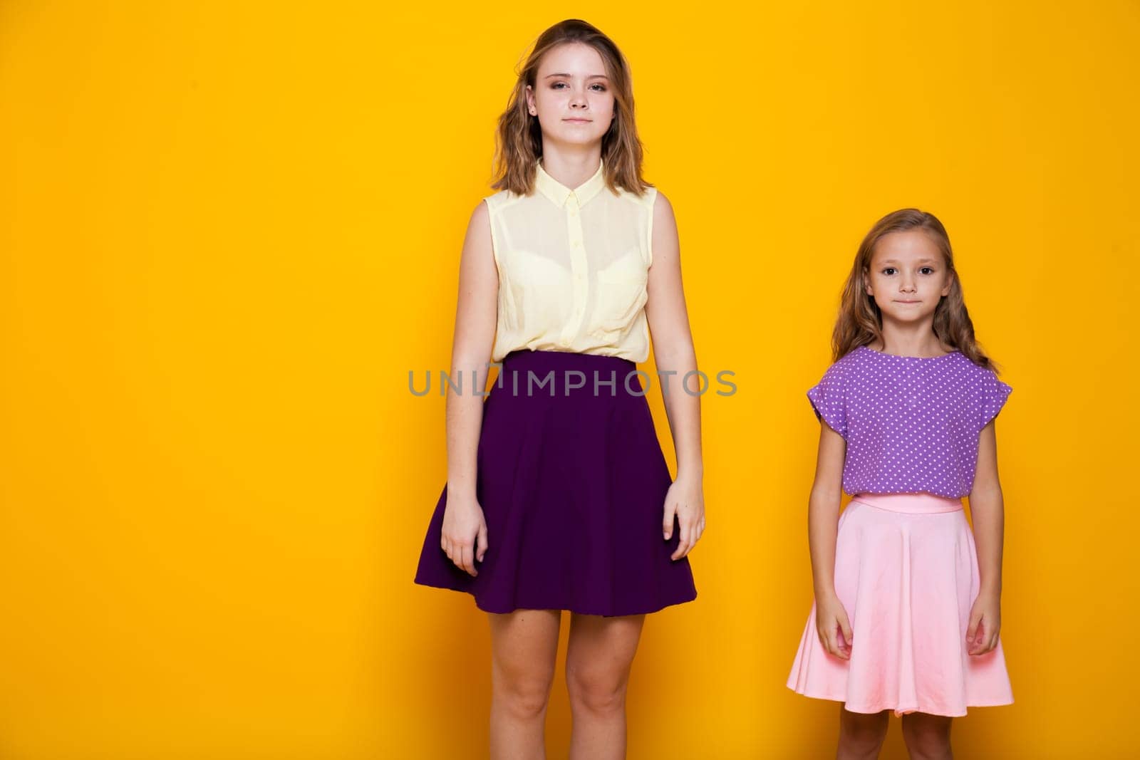 Portrait of two fashionable beautiful girls in dresses by Simakov