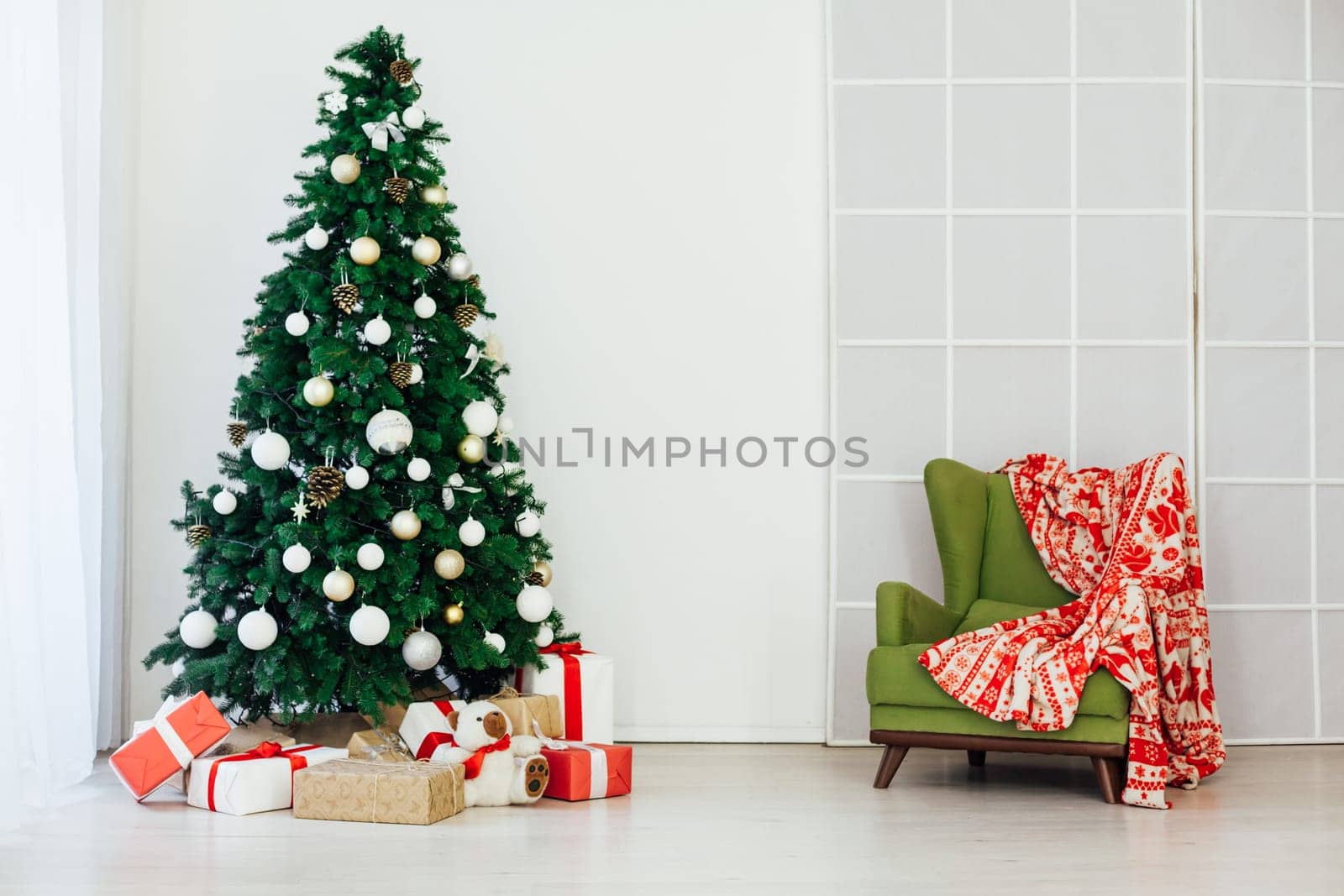 Christmas tree with gifts interior new year decor vintage holiday as background by Simakov