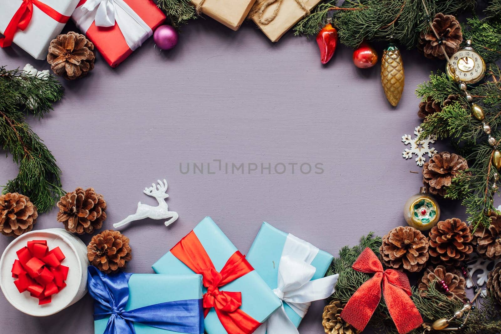 Christmas toys gifts decor new year on a purple background