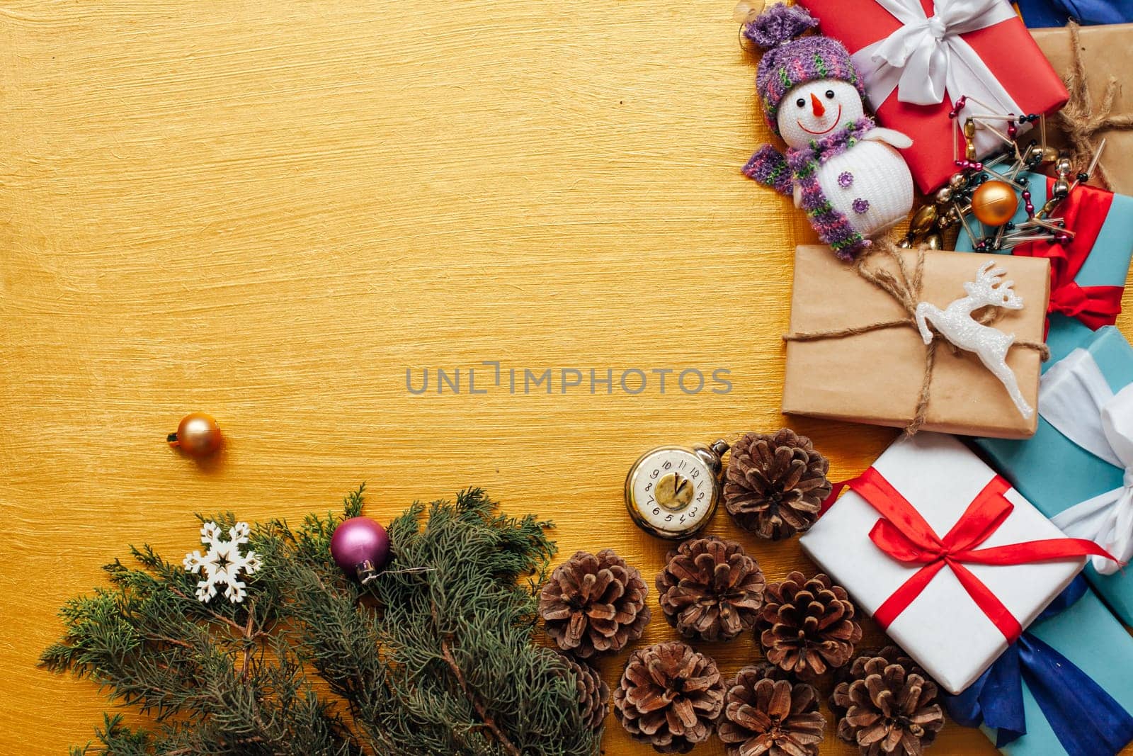 Christmas toys gifts decor new year on a golden background