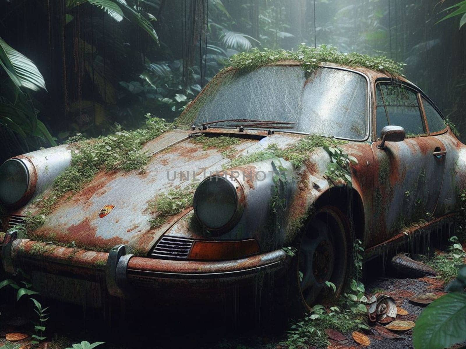 Abandoned rusty petrol super car banned for co2 emission agenda, overgrowth plants bloom flowers by verbano