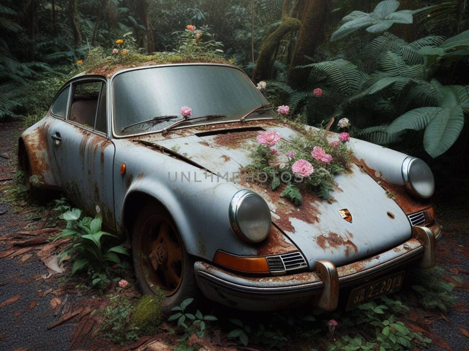 Abandoned rusty petrol super car banned for co2 emission agenda, overgrowth plants bloom flowers by verbano