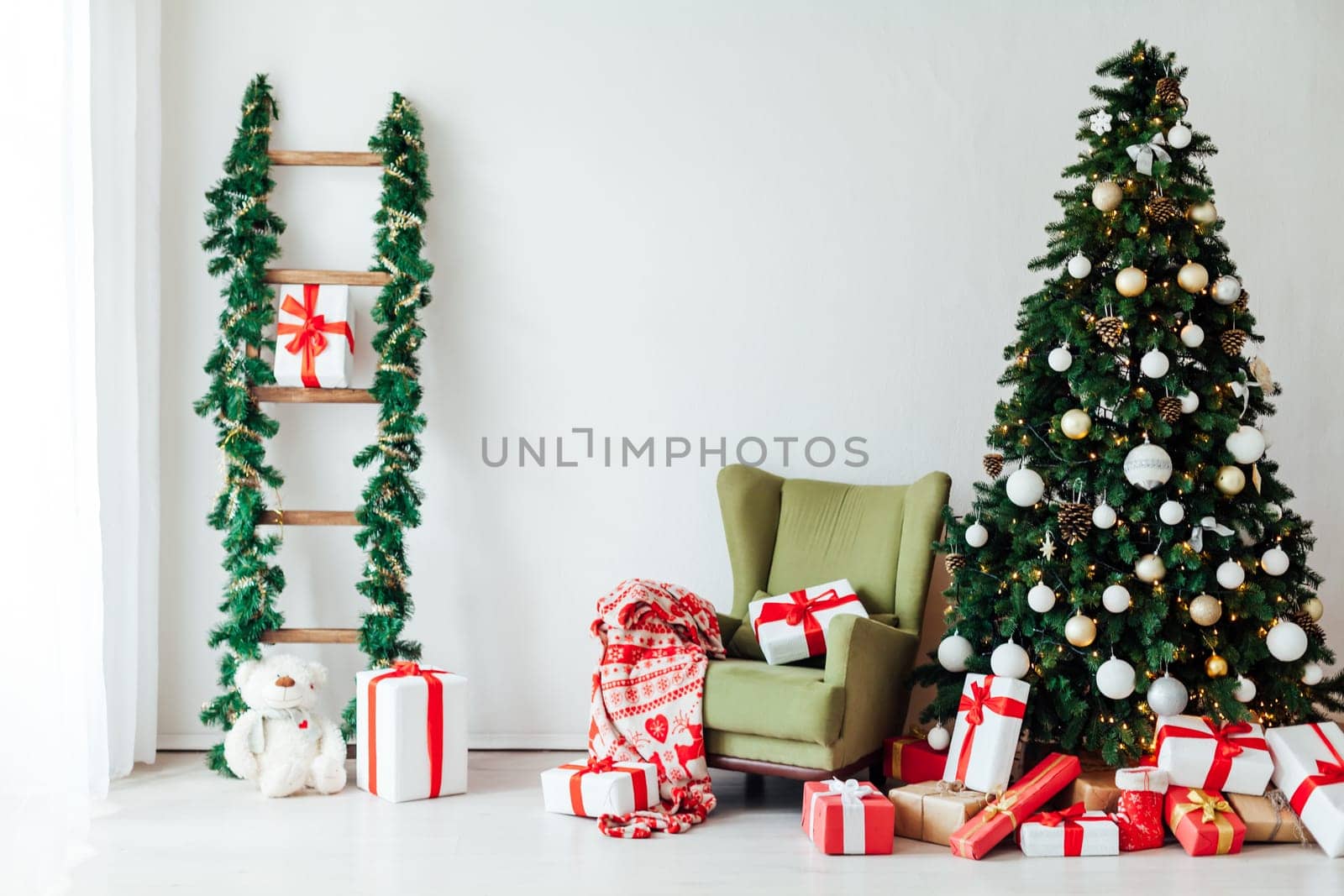 Christmas tree with gifts decor interior of the house new year holiday by Simakov