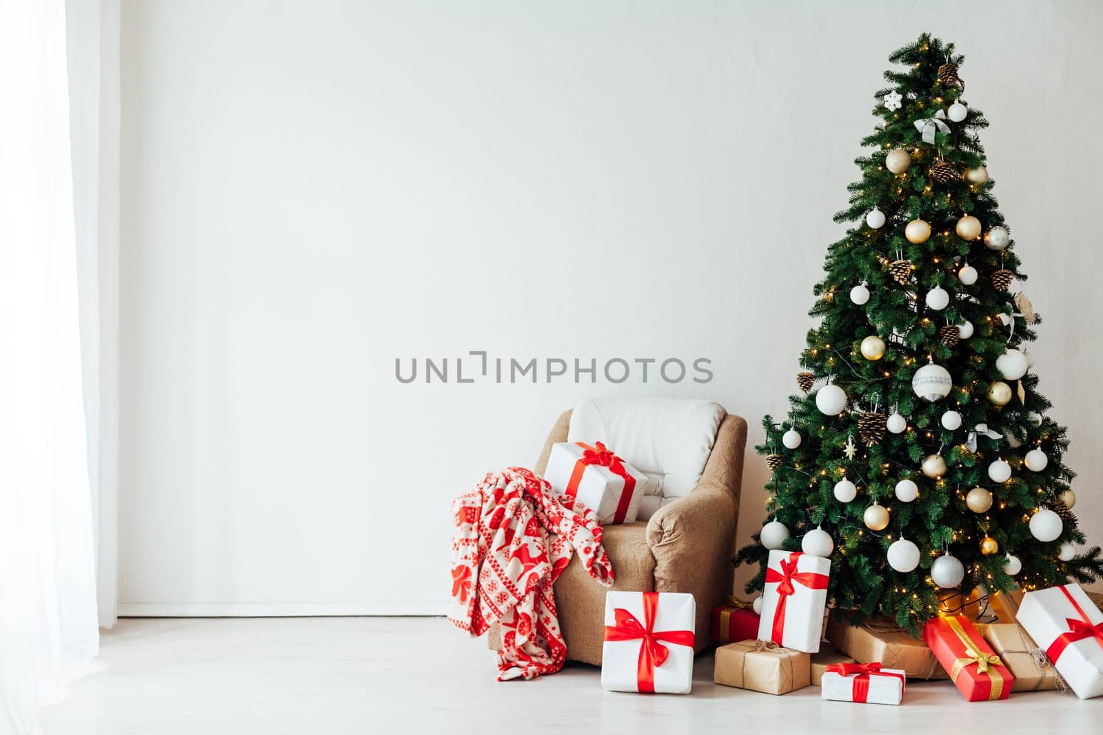 Christmas tree with gifts decor of the house new year holiday