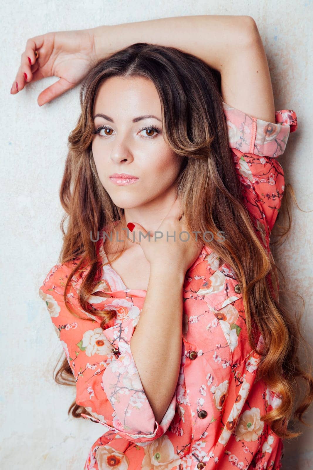 girl in pink business suit posing smiling by Simakov