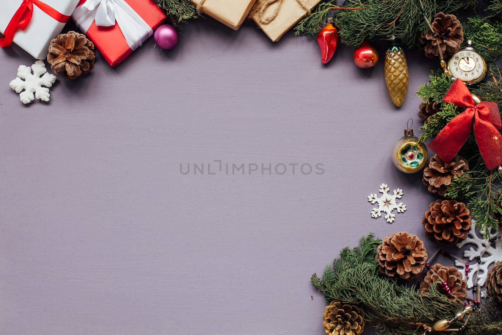 Christmas card decor for the new year on a purple background