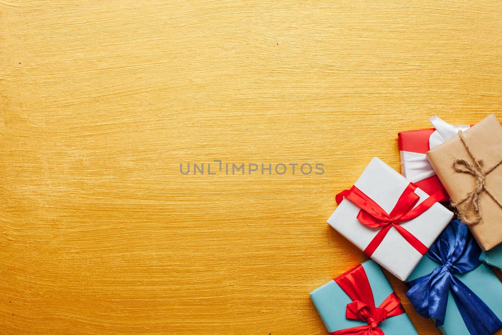 Christmas card gifts decor for the new year on a golden background