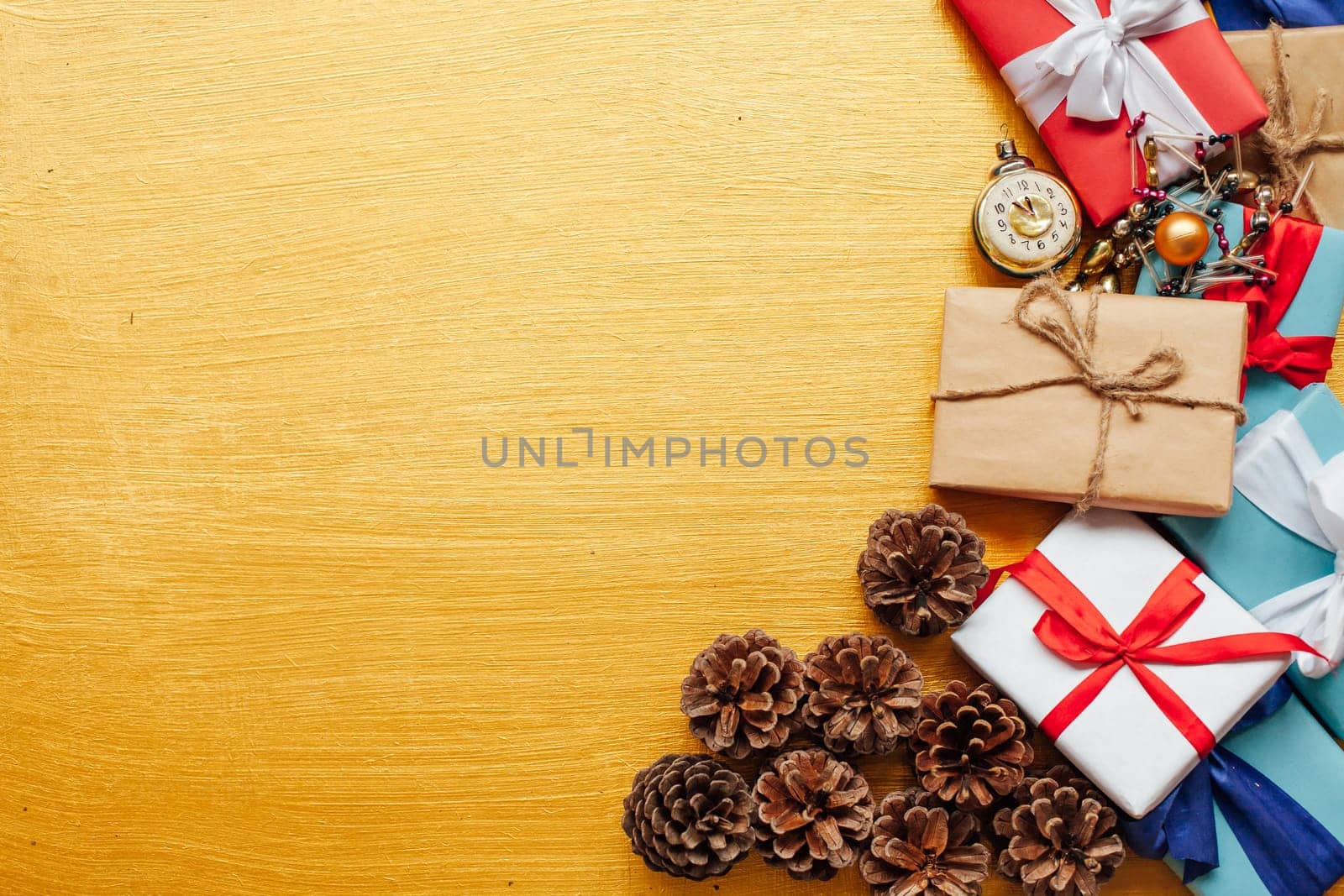 Christmas card gifts decor for the new year on a golden background