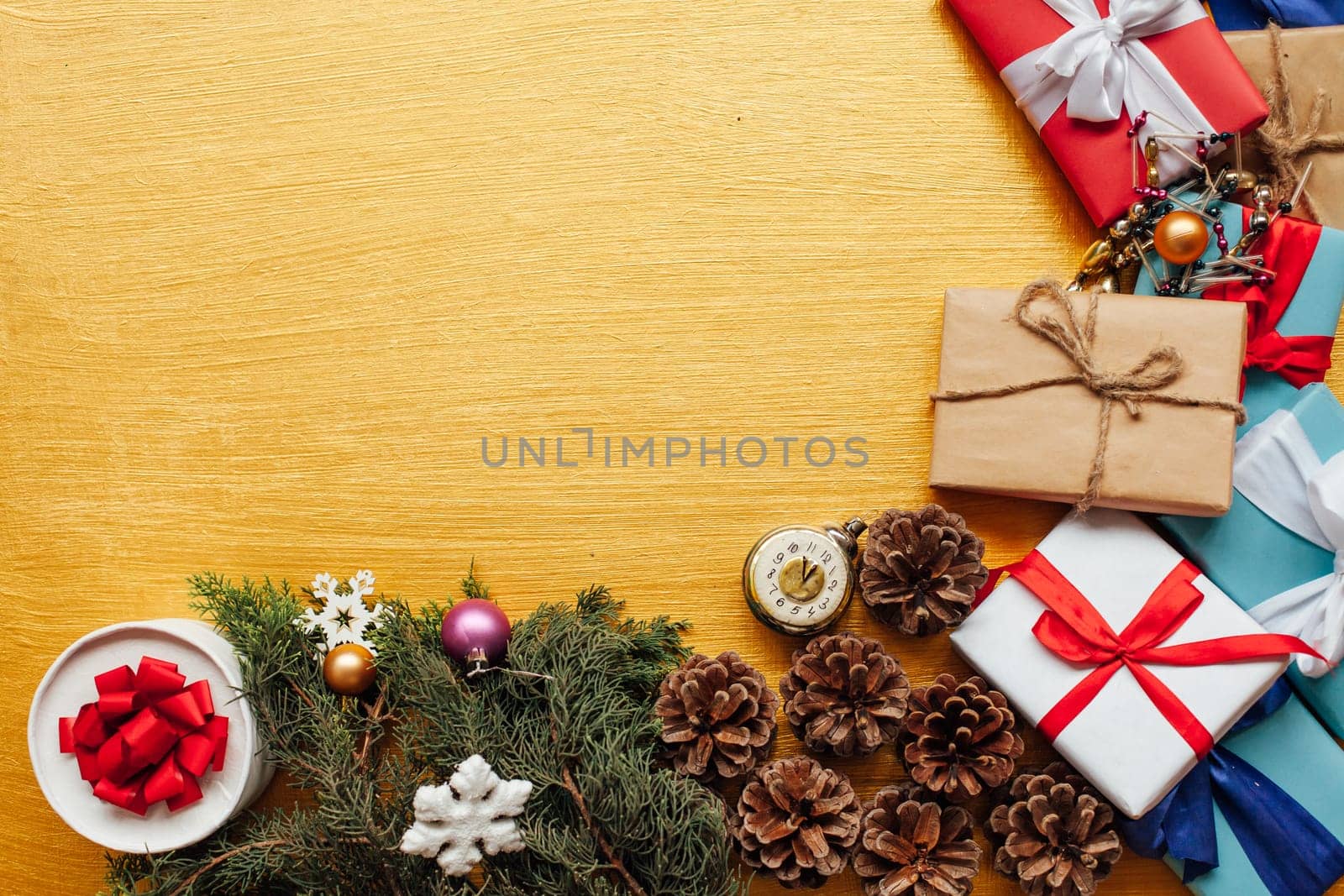 Christmas card gifts decor for the new year on a golden background