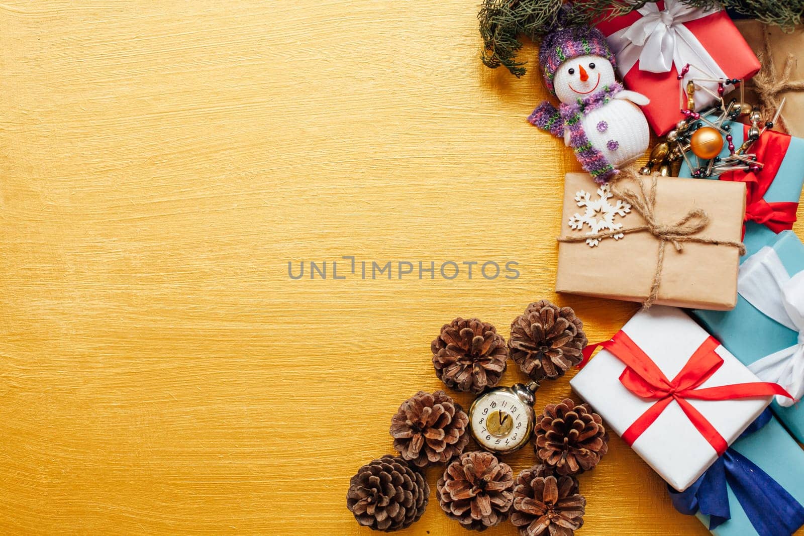 Christmas card gifts decor for the new year on a golden background