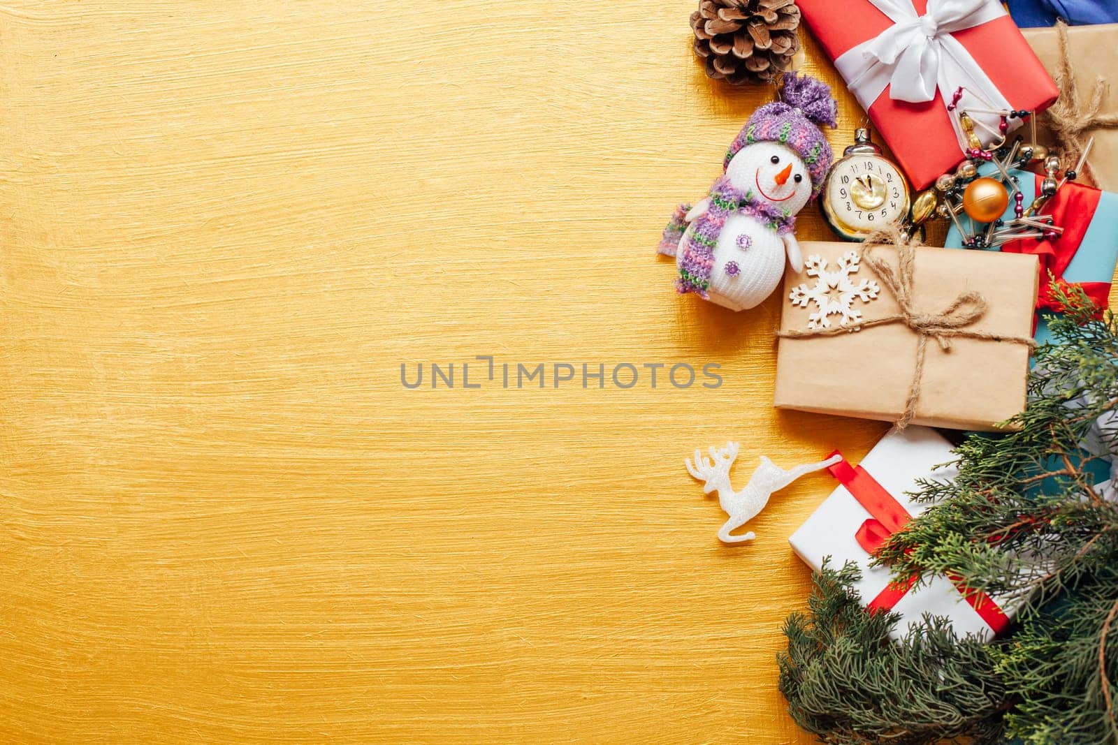 Christmas card gifts decor for the new year on a golden background