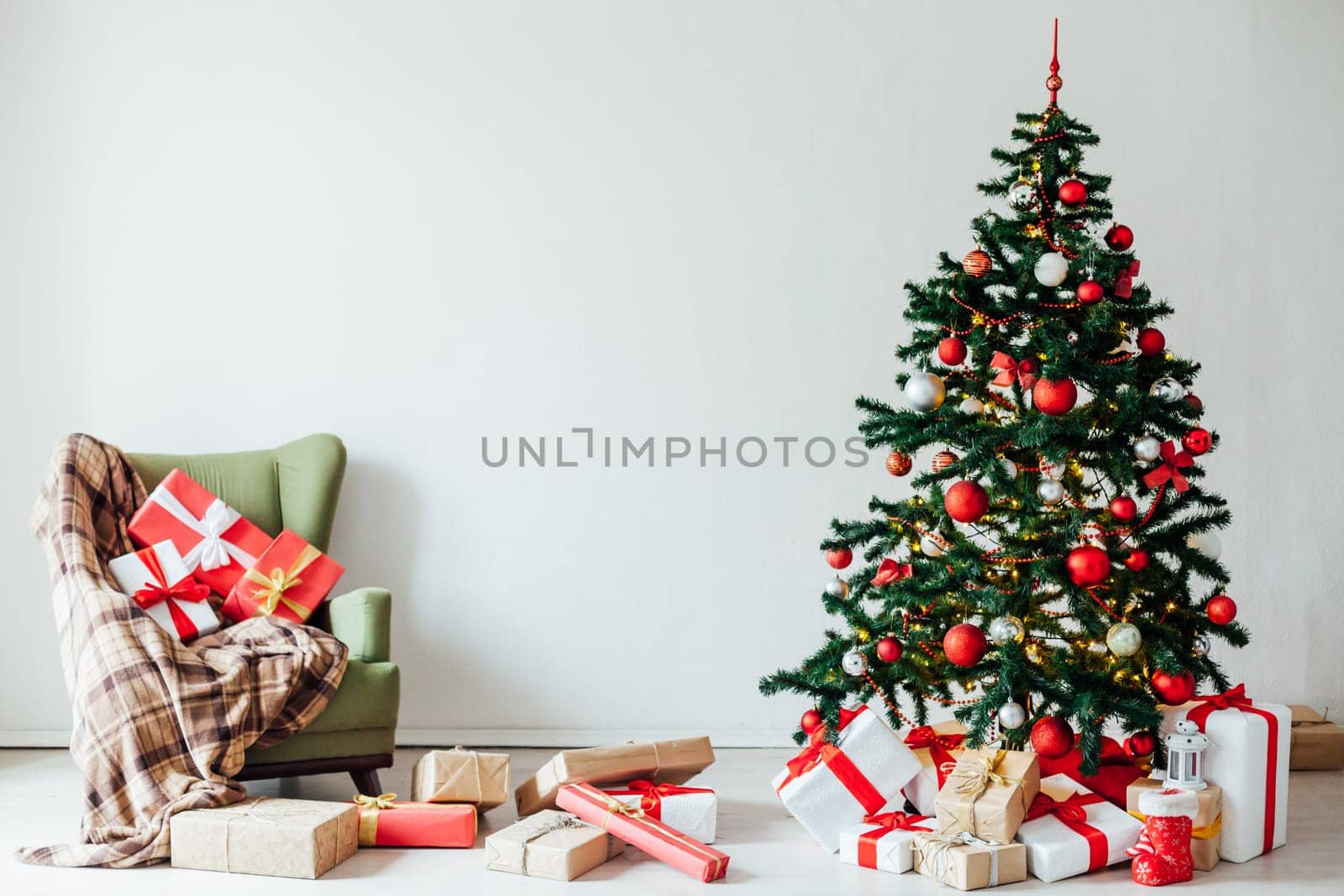 Christmas tree with gifts decor interior for the new year