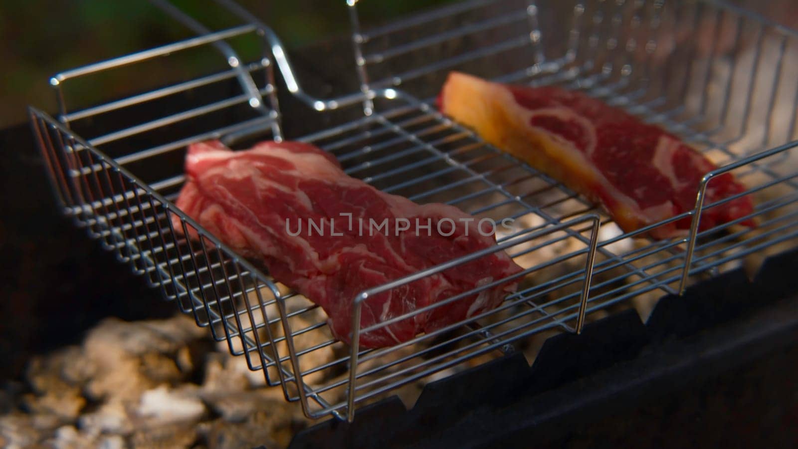 Close-up of hot juicy red meat on grill. Stock footage. Two delicious pieces of red meat grilled in nature. Cooking juicy meat on coals with grill on summer day.