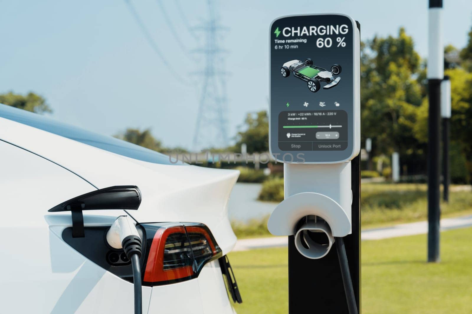 Electric vehicle or EV car recharge battery at charging station. Expedient by biancoblue