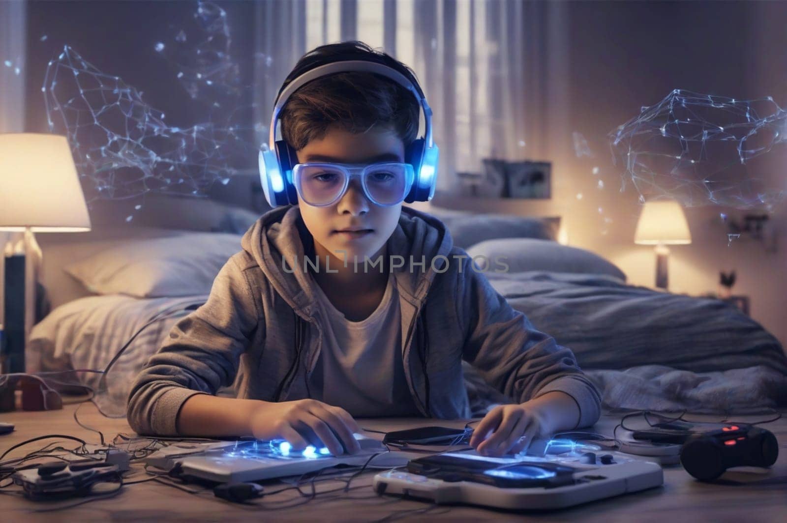 teenager at home play virtual online game in metaverse wear googles use joystick remote control by verbano