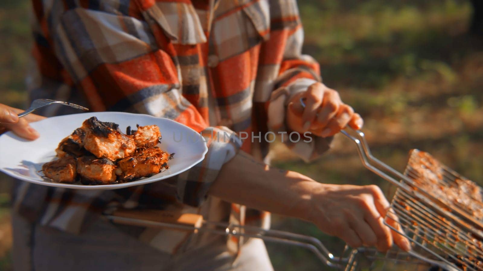 Close-up of grilled chicken pieces put on plate. Stock footage. Grilled chicken is put in plate from barbecue in nature. Ready-made barbecue chicken in forest on sunny summer day.