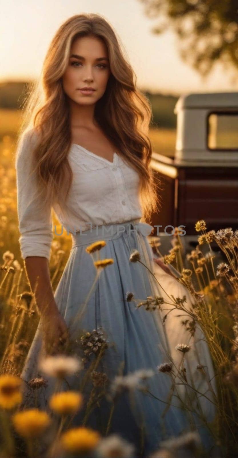 beautiful caucasian blond young woman at golden hour in the fieds of farm , springtime, illustration by verbano