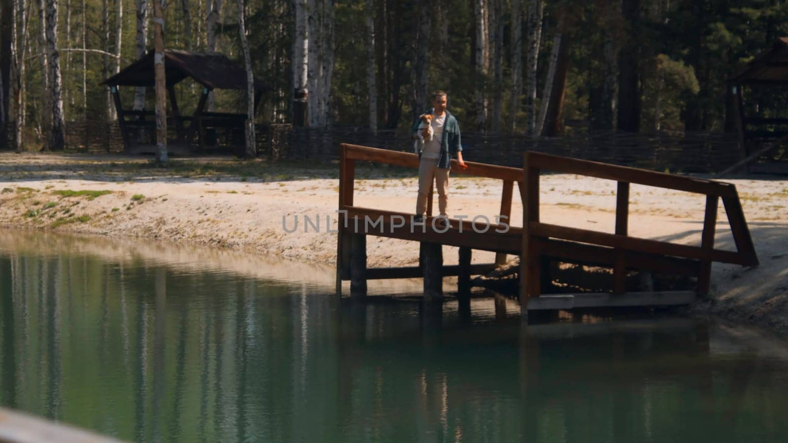 Man with dog on pier. Stock footage. Man picks up dog and walks to edge of pier on lake. Man walks with dog on beautiful lake on sunny summer day.