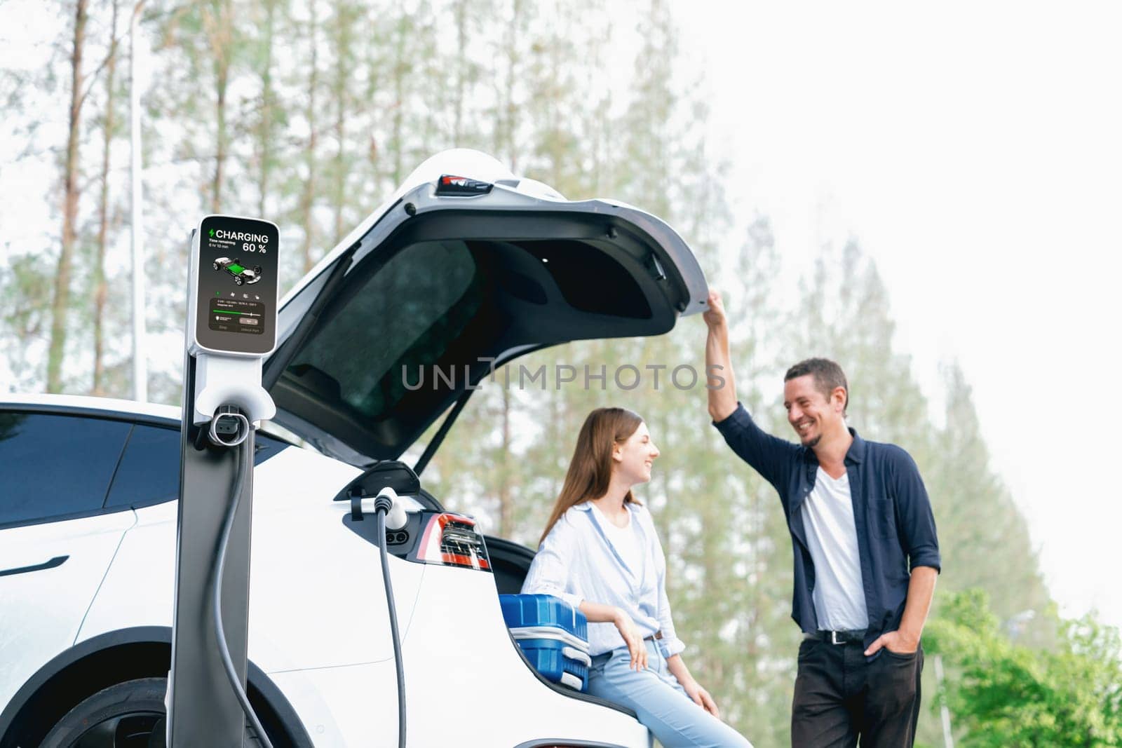 Lovely young couple recharging battery for electric car while relaxing and sitting on the trunk during road trip travel EV car in autumnal forest. Eco friendly travel on vacation during autumn. Exalt