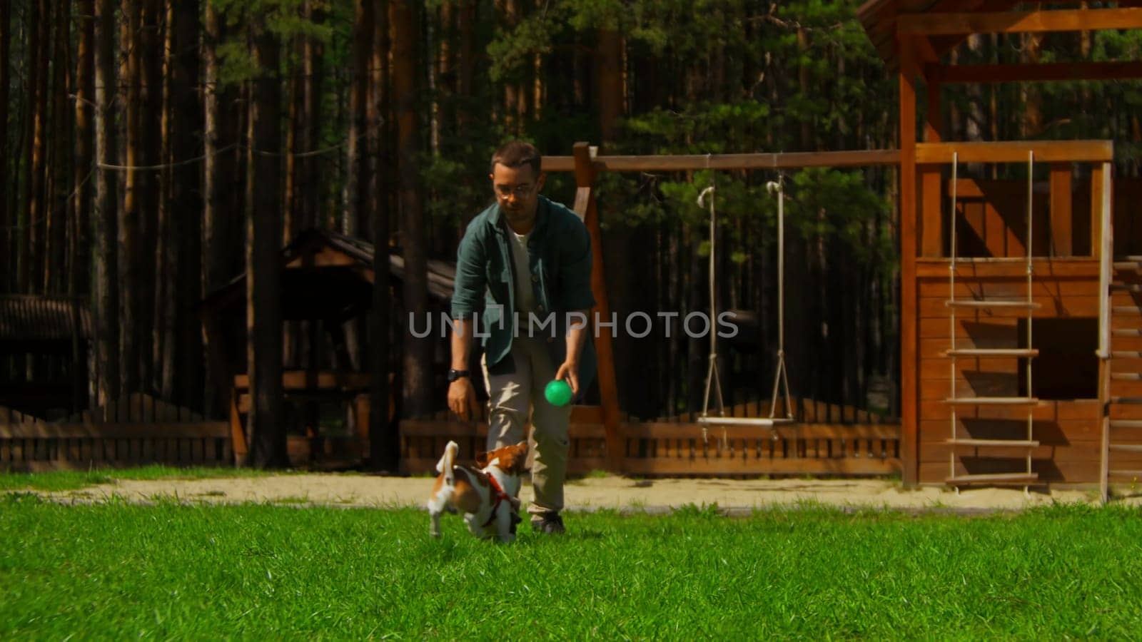 Man plays ball with dog in park. Stock footage. Man is playing ball with dog on green grass with recreation area. Outdoor activities with dog on sunny summer day.