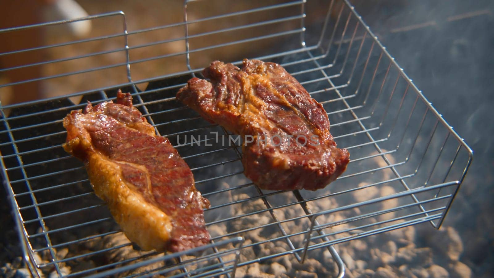 Close-up of juicy pieces of meat on grill and coals. Stock footage. Juicy grilled meat on grill in nature on sunny summer day. Two pieces of grilled meat with barbecue.