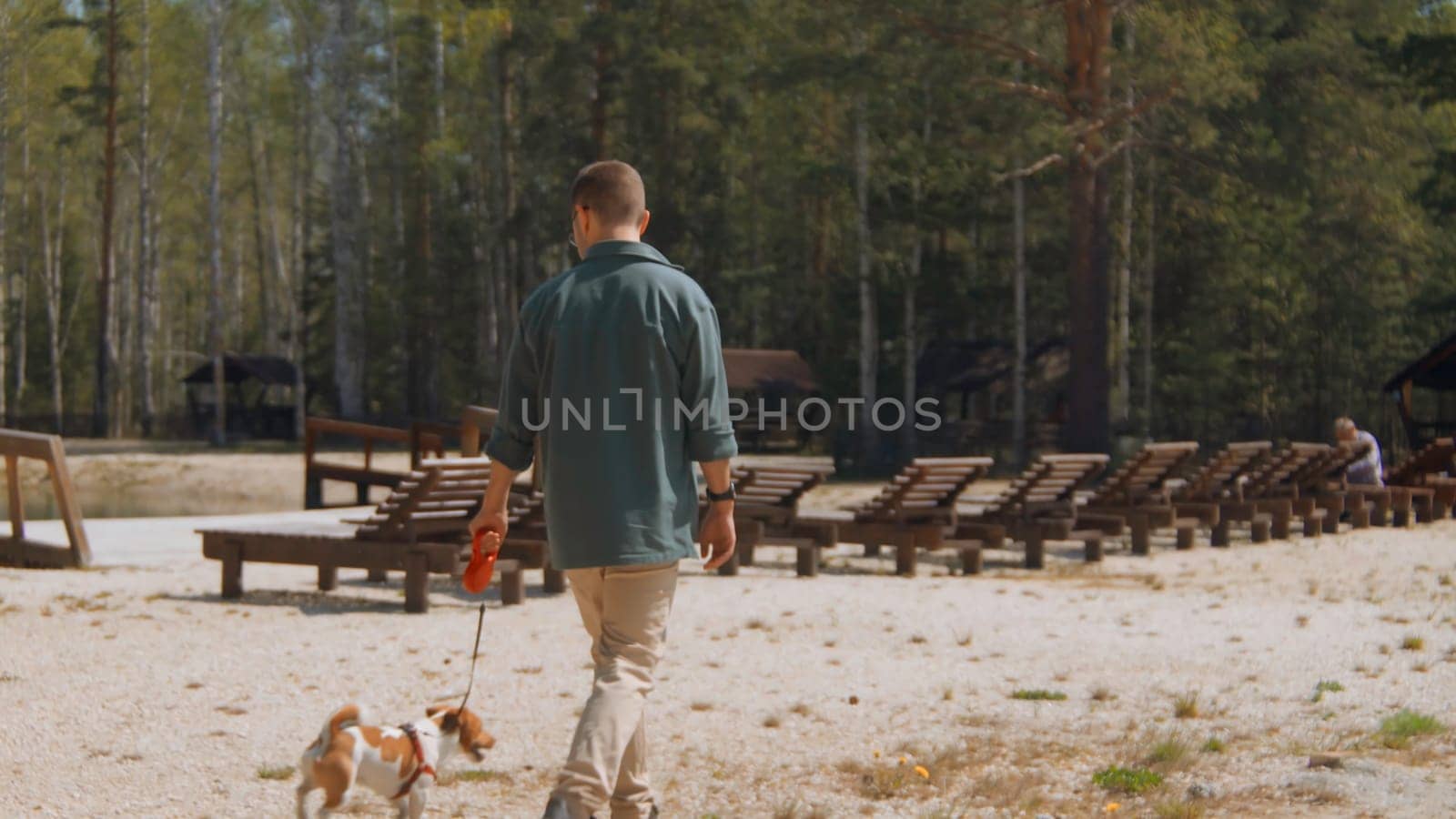 Man walks with dog on beach in woods. Stock footage. Man walks with his dog on sand at resort in summer. Man with dog walking on shore of pond in forest on sunny summer day.