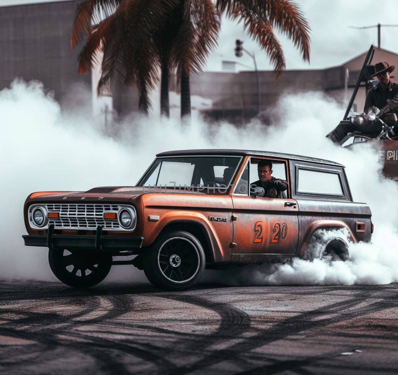 american 60s 70s pickup jeep suv custom tuned car drift burn rubber in rally race in the street by verbano