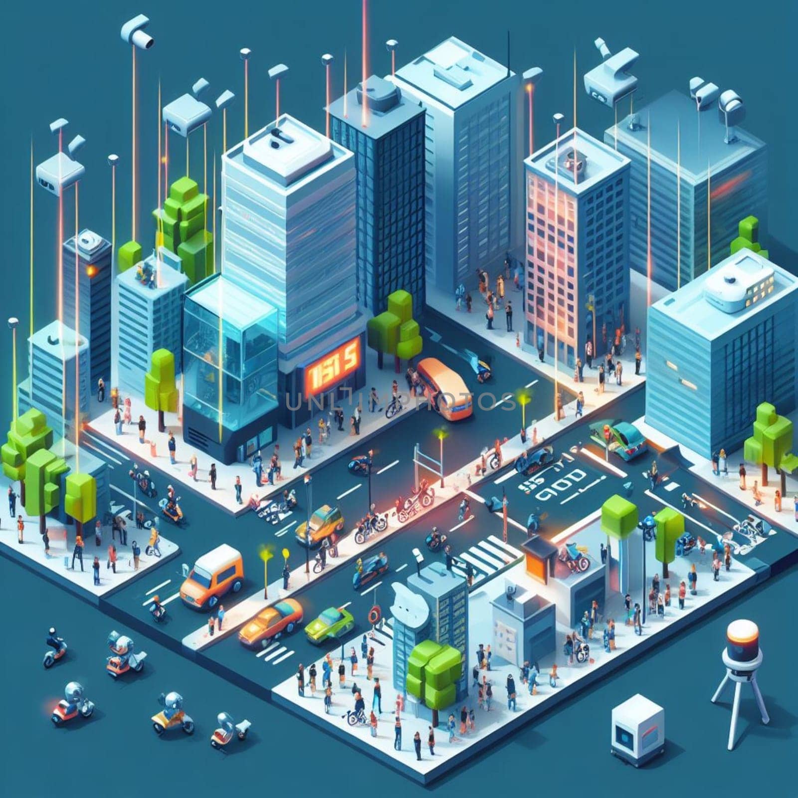 15 minute city isometric map, people, transport, security, cameras, drone and bot police, border by verbano