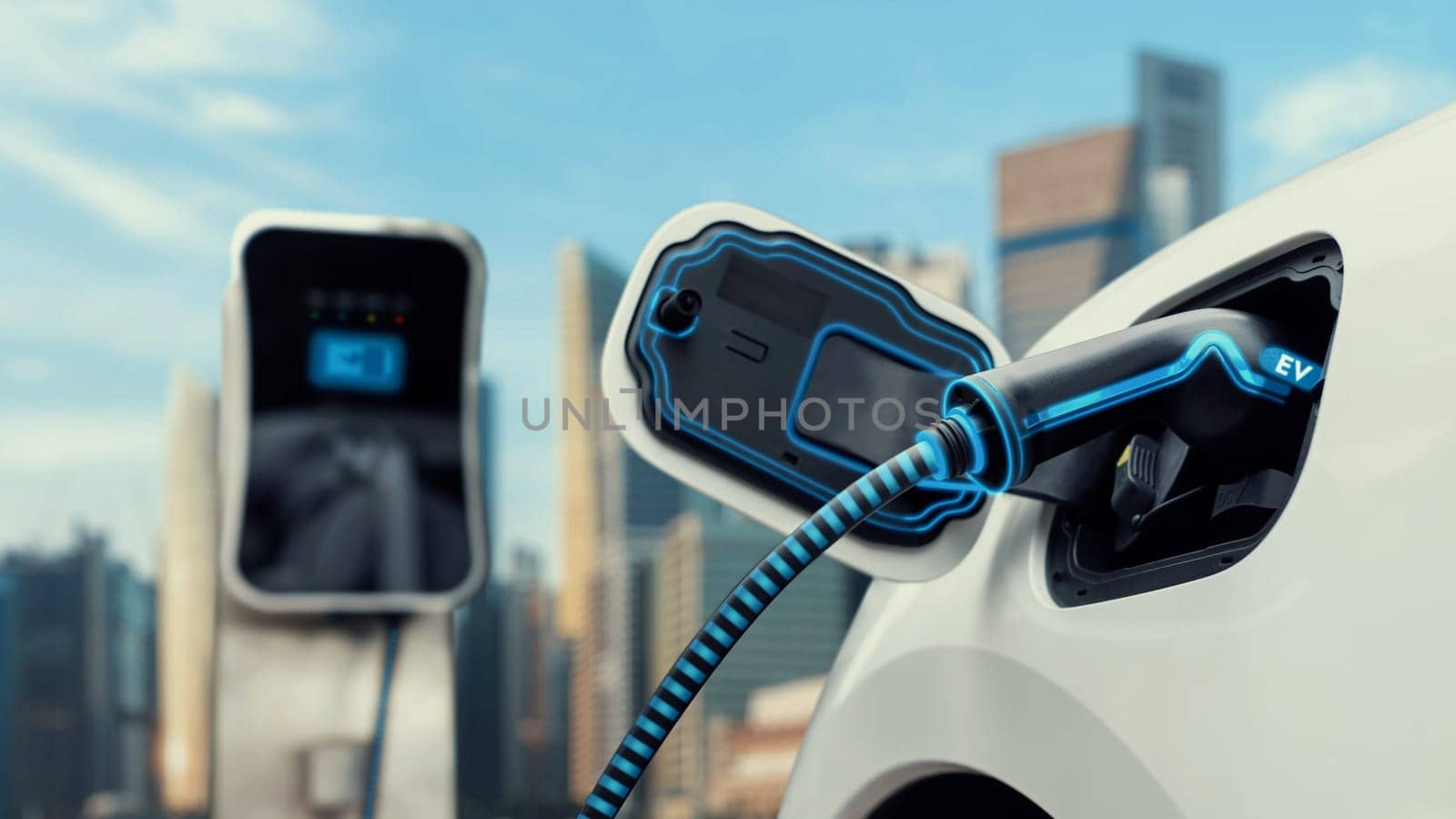 Electric car plugged in with charging station with city background. Peruse by biancoblue