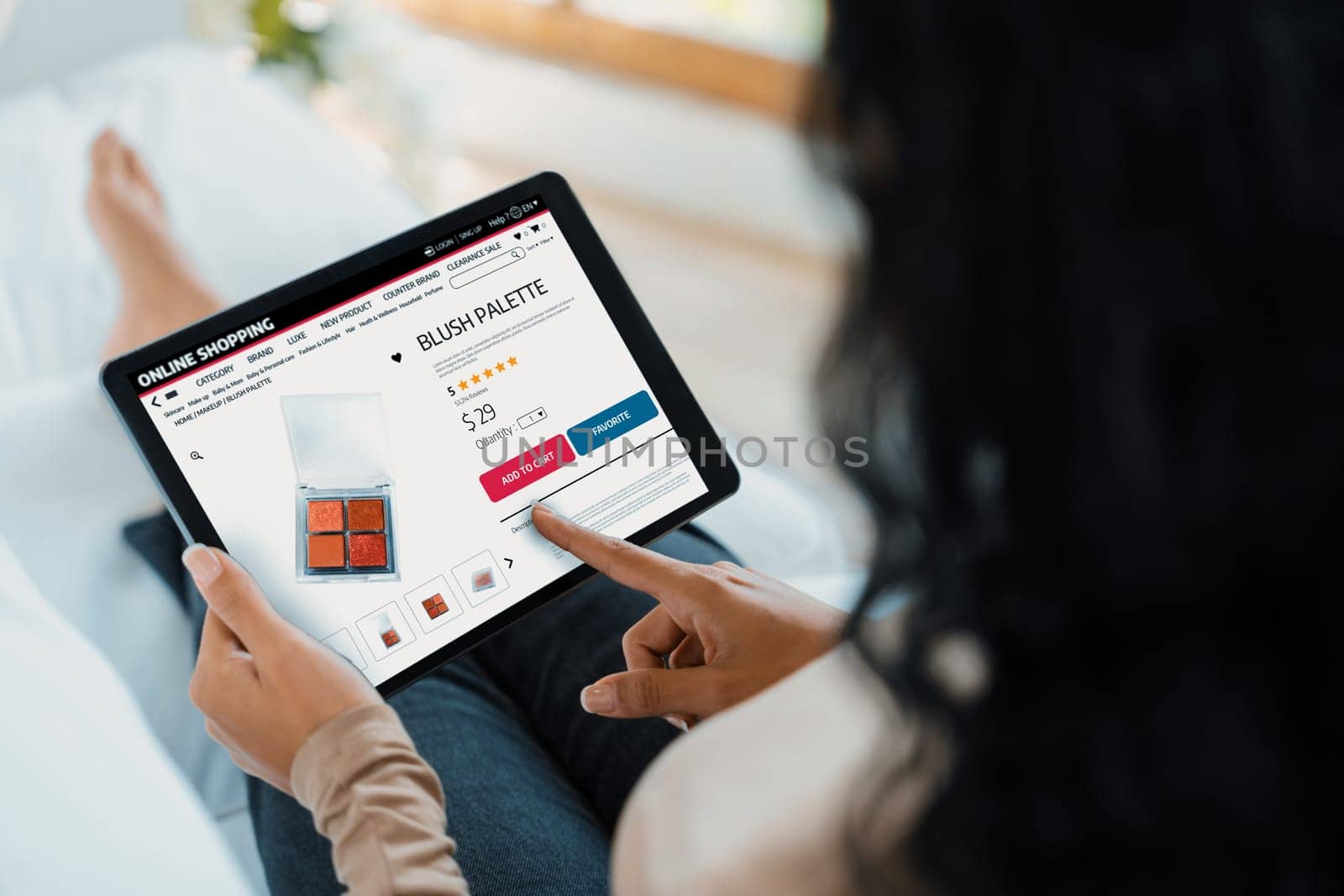 Woman shopping online on internet marketplace browsing for sale items for modern lifestyle and use credit card for online payment from wallet protected by crucial cyber security software