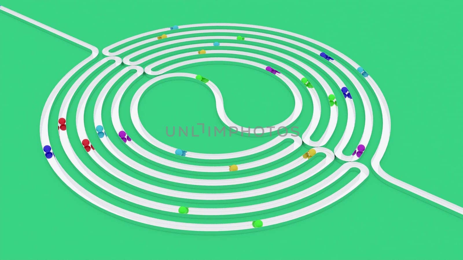 Minimalistic graphics color Balls move in a circle track 3d render