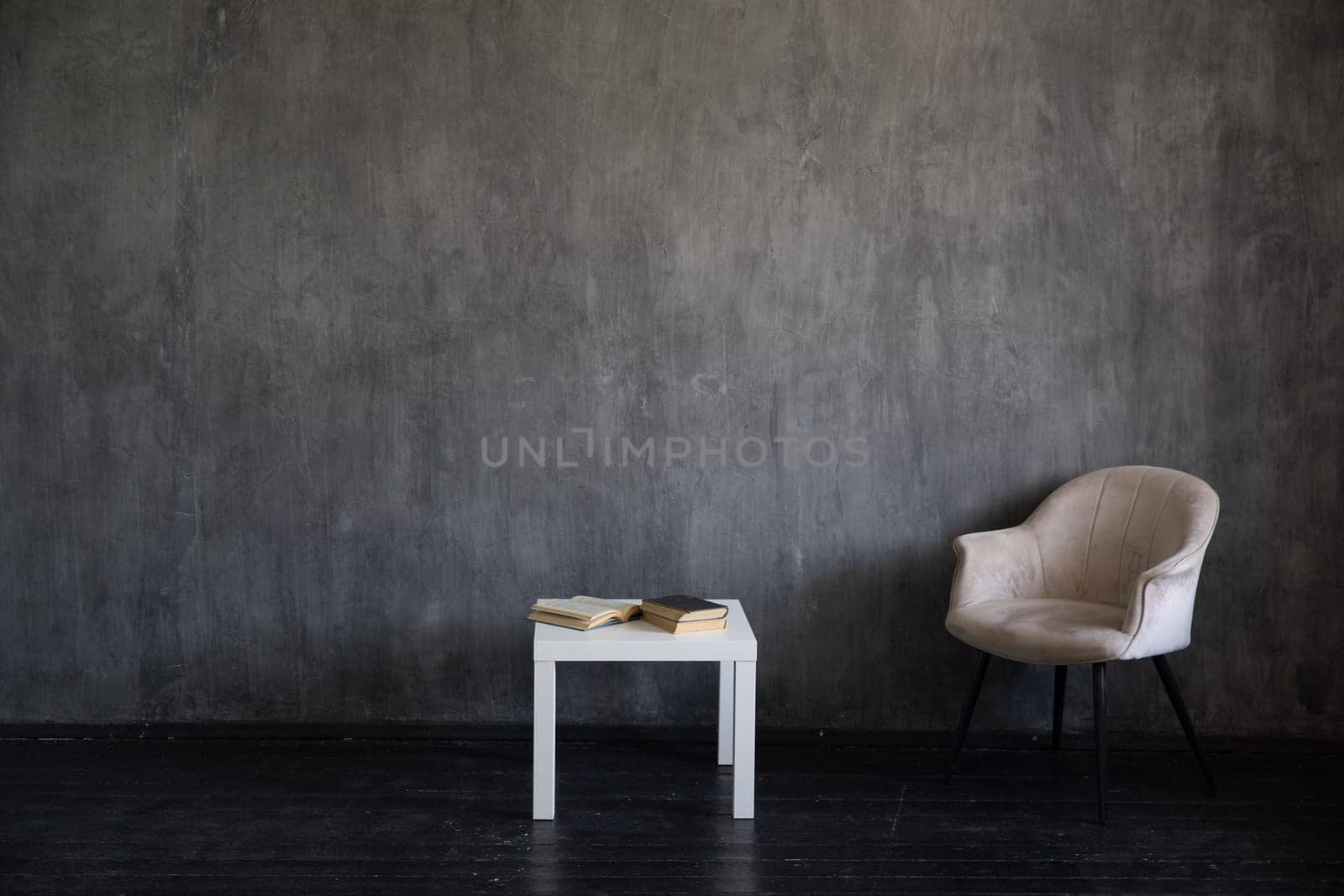 Vintage chair in empty dark home room interior by Simakov