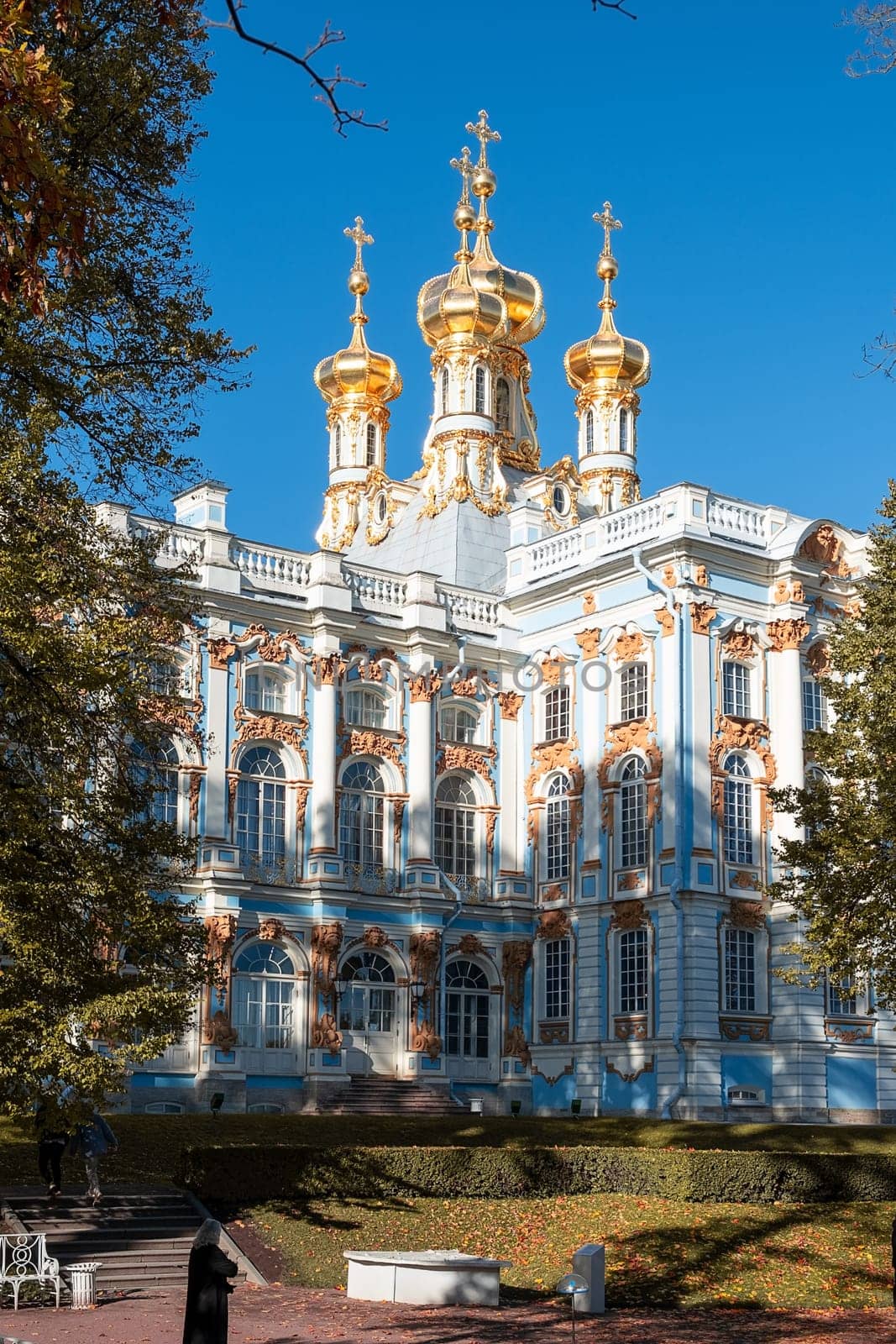 Pushkin, St. Petersburg, Russia - October 21, 2023. View of a fragment of the Catherine Palace in Catherine Park.