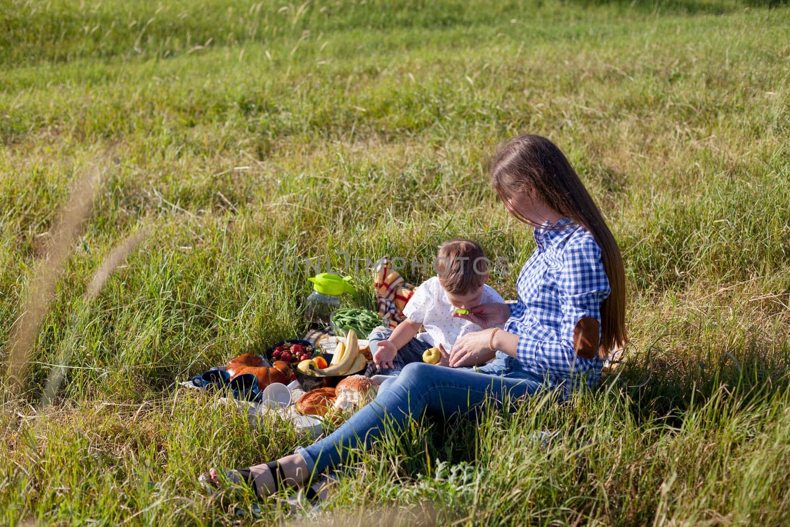 Beautiful mom with her son on a picnic rest in nature by Simakov
