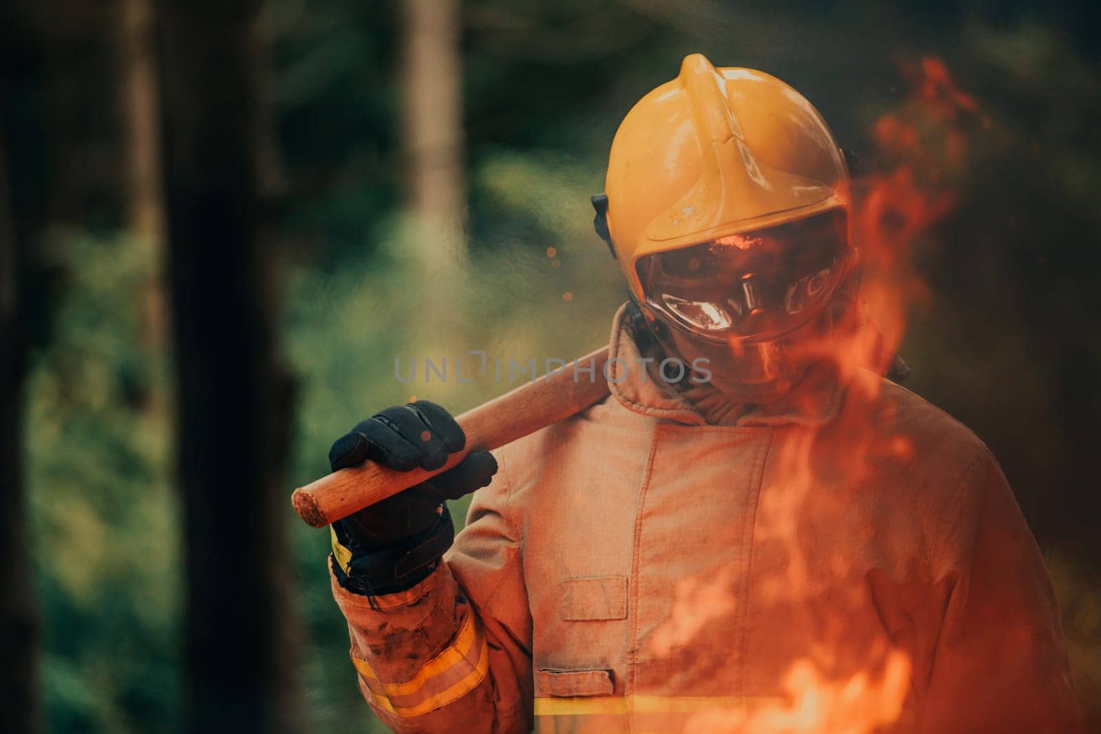 Firefighter at job. Firefighter in dangerous forest areas surrounded by strong fire. Concept of the work of the fire service by dotshock
